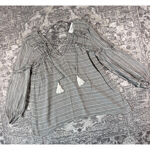 Derek Lam 10 Crosby Cross Tassel Striped Blouse Lightweight Gauzy White Gray 0
